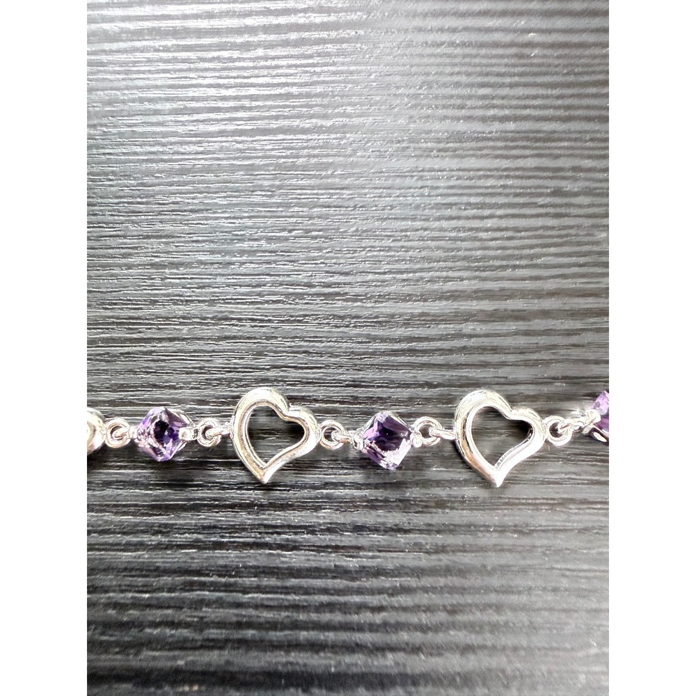 Heart Bracelet Womens 8in Silver Purple Crystal 925 Sterling Link
